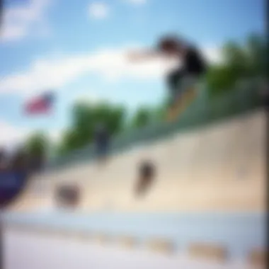 Athletic Tricks on Concrete Half Pipe Athletes performing tricks on a concrete half pipe during a competition