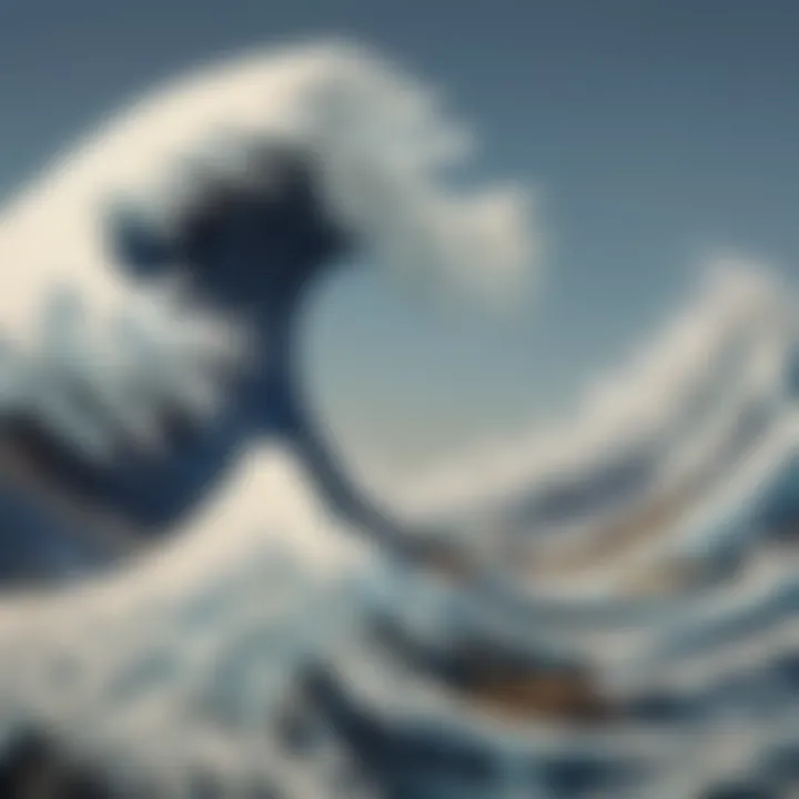 A detailed view of Hokusai's wave, showcasing its intricate patterns and textures