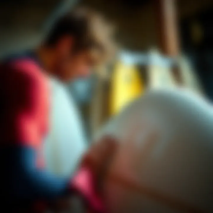 A surfer inspecting the quality of a used surfboard before purchase