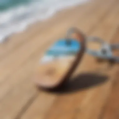 A scenic beach view with surfing key chains displayed on a wooden surface