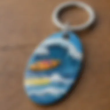 A close-up of a vibrant key chain featuring a wave motif and a mini surfboard