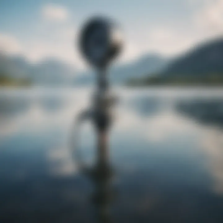 An anemometer measuring wind speed on a serene lake