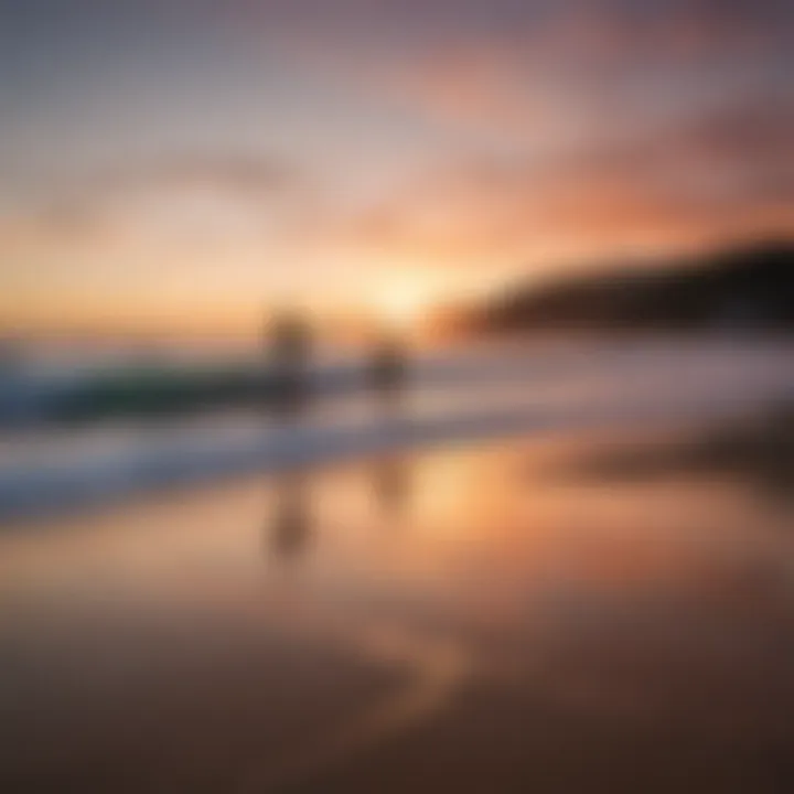 A beautiful sunset over Malibu beach, showcasing surfers catching waves.