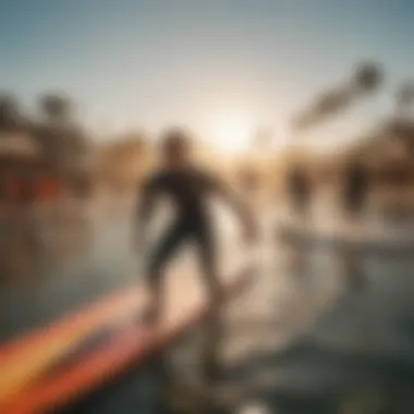 A vibrant scene of surfers at Venice Beach with colorful boards and lively atmosphere.