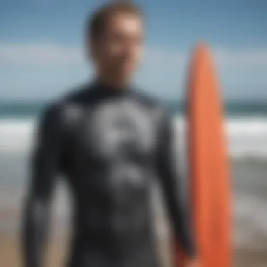 Close-up of surf gear including wetsuits and accessories
