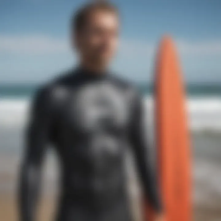 Close-up of surf gear including wetsuits and accessories