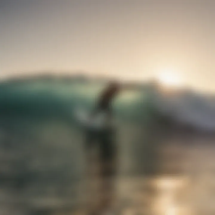 A surfer catching a wave during sunset