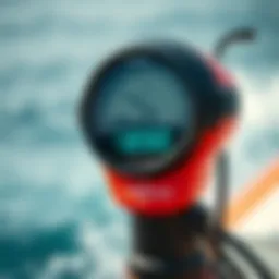 Close-up of a digital anemometer displaying wind speed