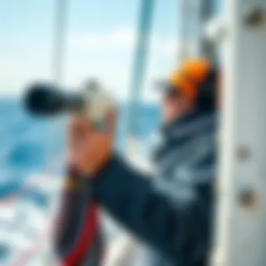 Sailor Monitoring Wind Conditions Sailor using an anemometer on a boat
