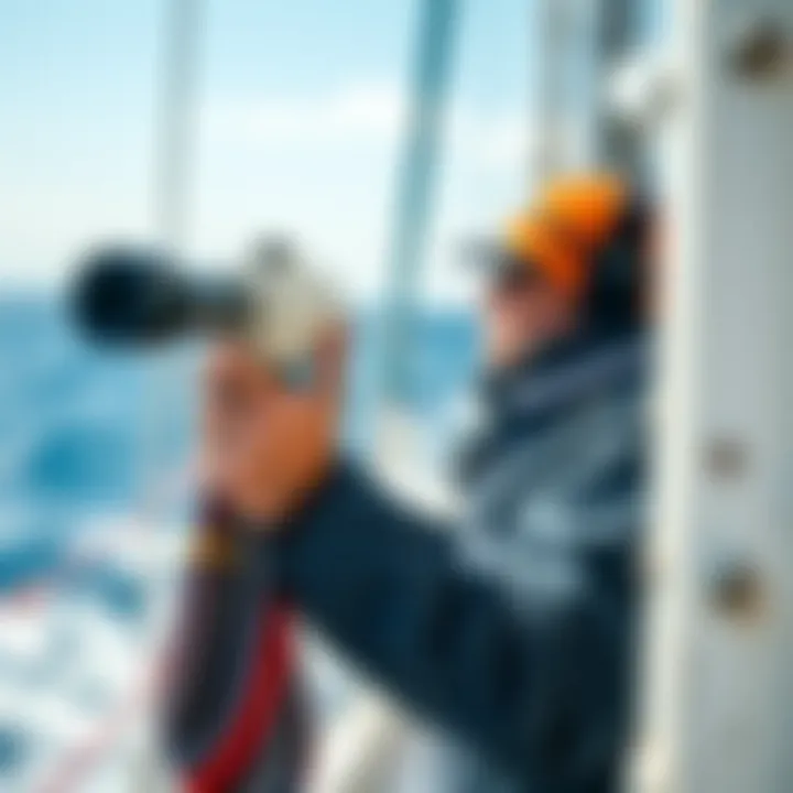 Sailor Monitoring Wind Conditions Sailor using an anemometer on a boat