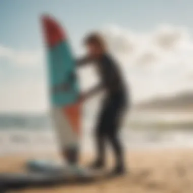 A rider adjusting their kiteboard in preparation for kiteboarding