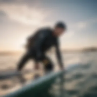 Kitesurfer adjusting straps on their board before a ride, emphasizing safety and readiness