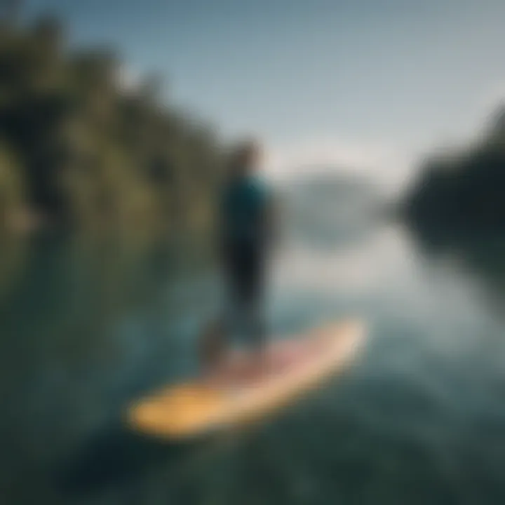 A variety of paddle boards with different lengths displayed on a serene water surface