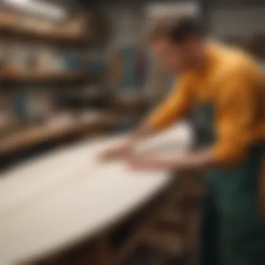 An artisan working on shaping a surfboard blank with precision tools in a workshop.