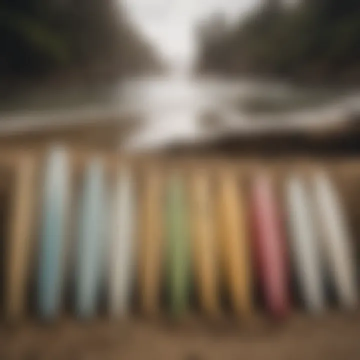 A variety of pre-shaped surfboard blanks arranged for comparison of shapes and sizes.