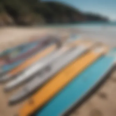 Various types of paddle boards lined up on a beach