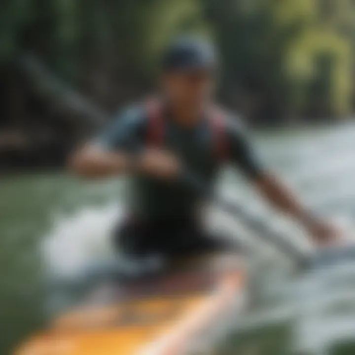 A close-up of a paddleboarder executing a turn in calm waters