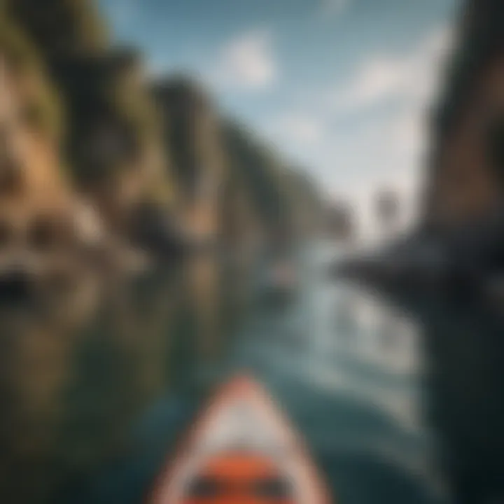 A scenic view of a group of paddleboarders exploring a coastal area