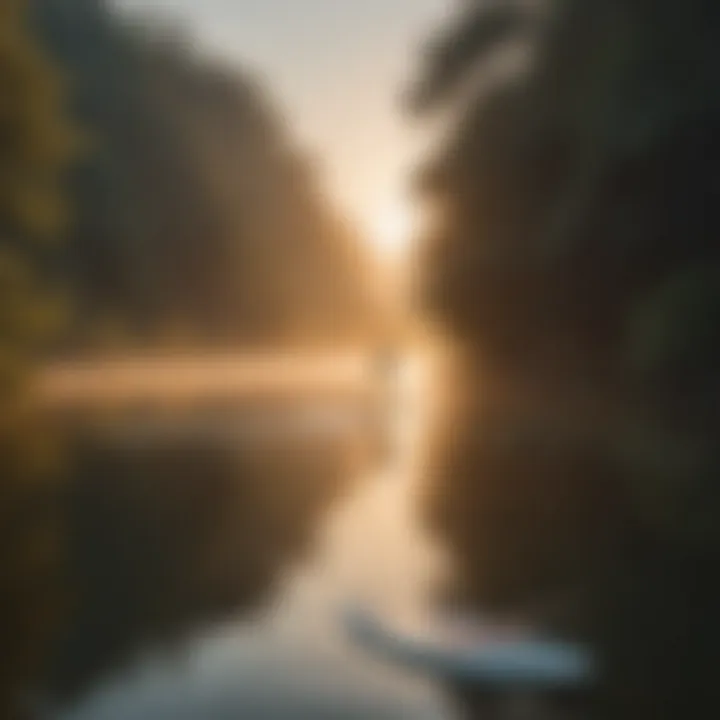 A serene lake with a paddleboarder gliding over the water at sunrise