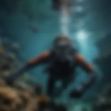Confronting the Depths: A Diver's Journey A diver exploring underwater depths surrounded by marine life