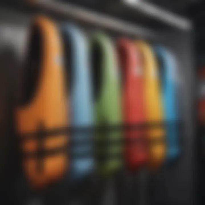 Diverse styles of surfing flotation vests displayed on a rack