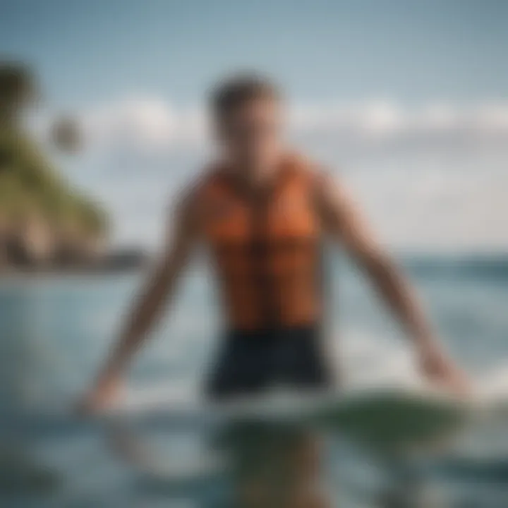 A surfer demonstrating the proper fit of a flotation vest in water