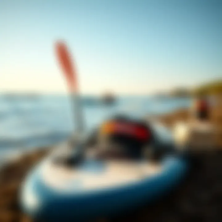 Essential gear laid out for paddleboarding adventure