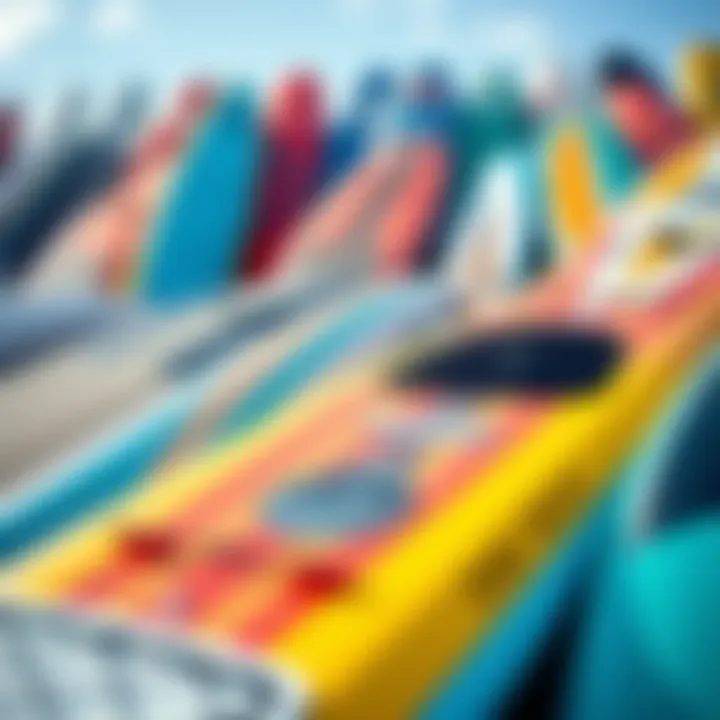Close-up of various paddleboard designs and colors