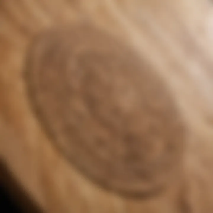 Close-up of a handcrafted wooden skimboard showcasing intricate details