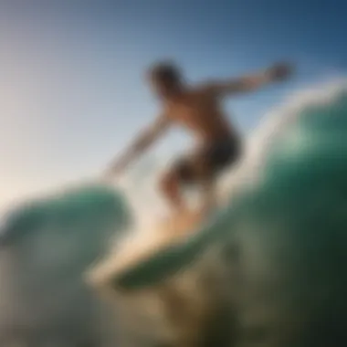 Skimboarder expertly riding a wave, demonstrating advanced techniques