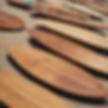 Various types of wooden skimboards lined up, highlighting design diversity