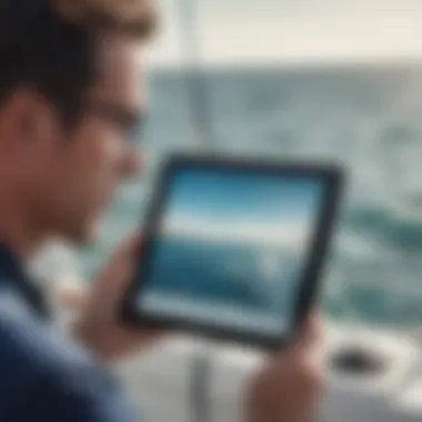 Sailor analyzing wind data on a tablet while at sea