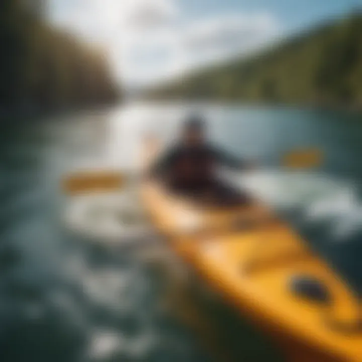 A kayak on a lake with visible wind patterns on the water surface