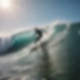 A surfer riding a wave with strong wind in the background