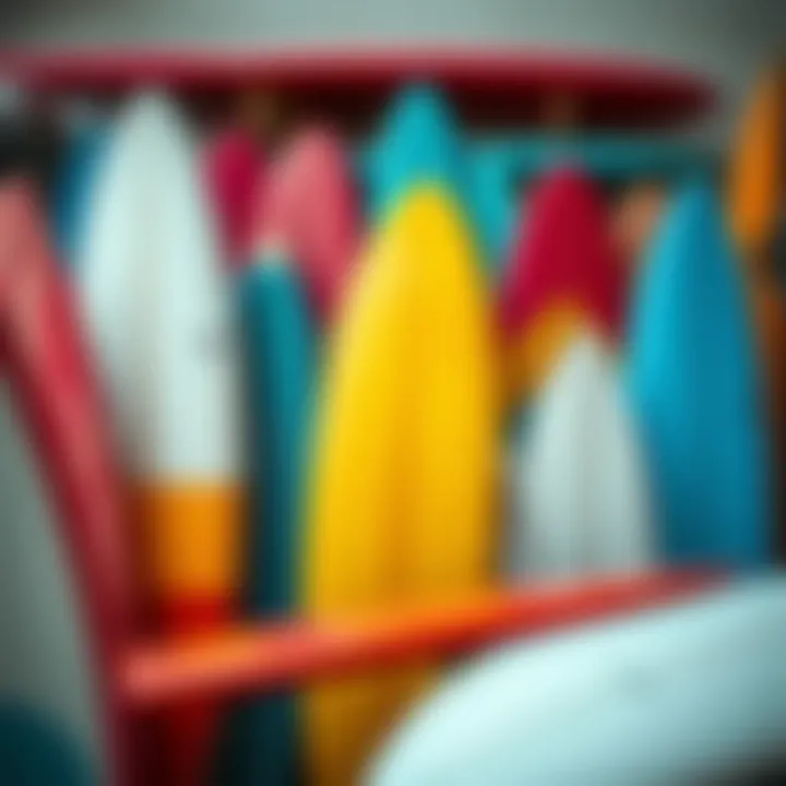 Diversity in Surfboard Design An array of colorful surfboards, each representing different designs and styles tailored for various surfing techniques.