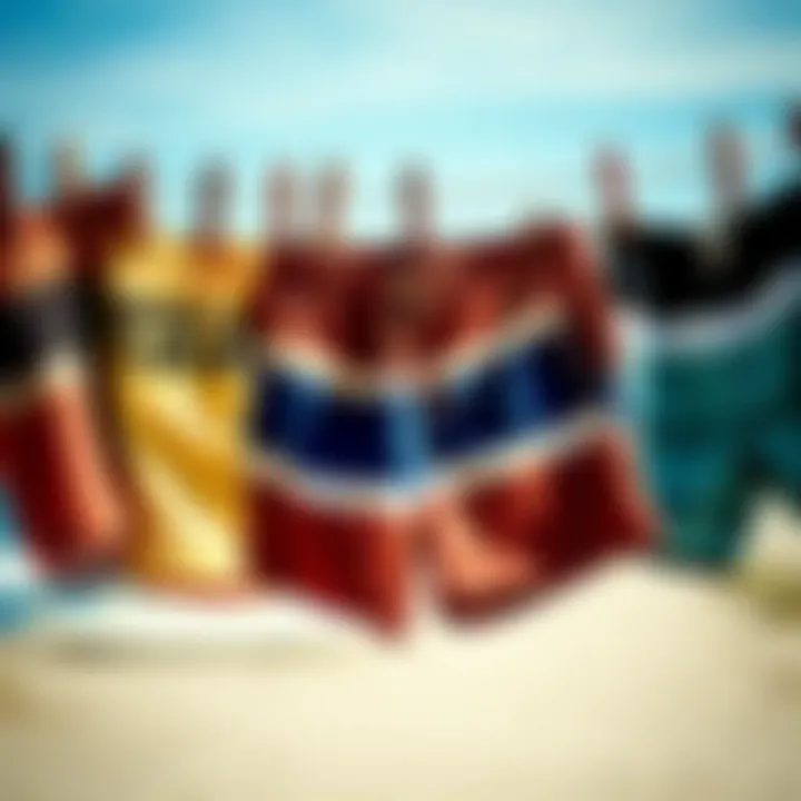 A collection of vintage rusty boardshorts hanging on a line