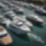 An overview of various wake boats displayed at a marina