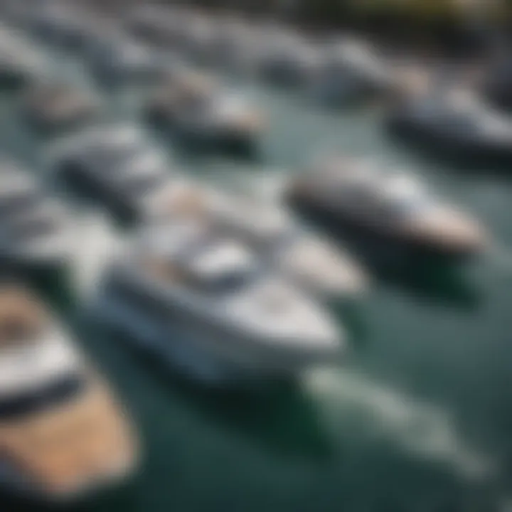 An overview of various wake boats displayed at a marina