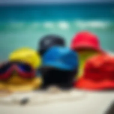 Various styles of waterproof surf hats arranged artistically