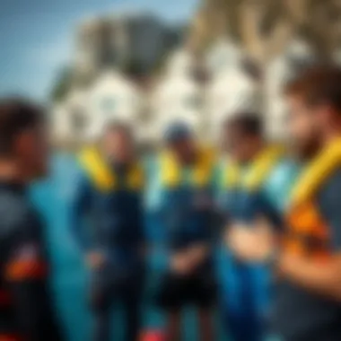 Group of watersports enthusiasts discussing safety equipment