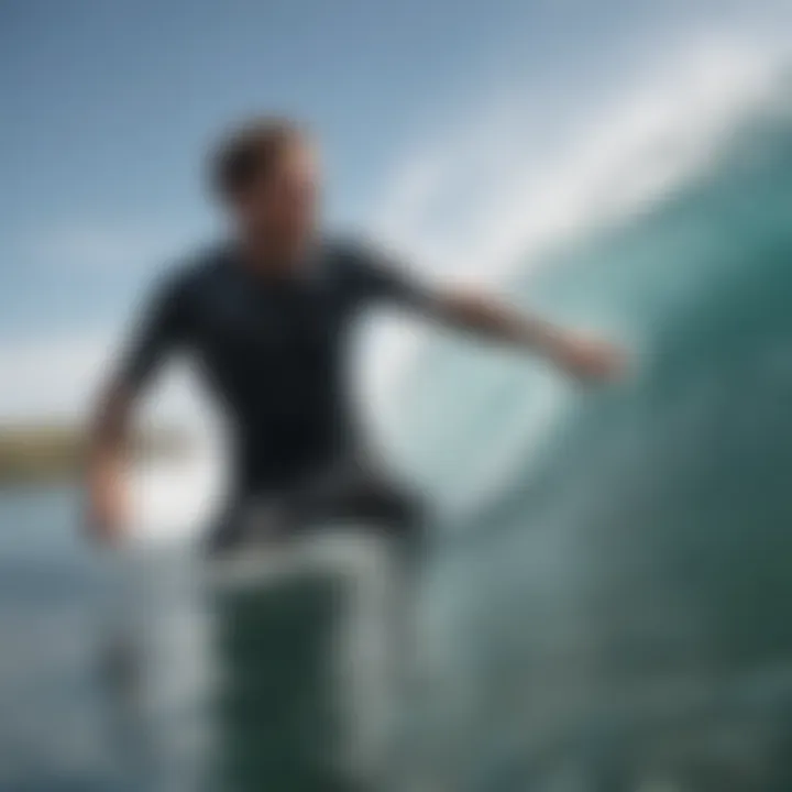 A surfer expertly riding a wave while wearing a wet shirt, showcasing technique and balance.