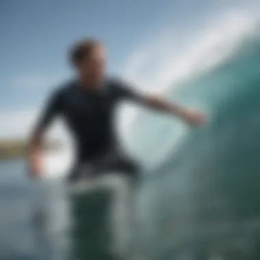 Mastering the Waves: Technique in Wet Shirt Surfing A surfer expertly riding a wave while wearing a wet shirt, showcasing technique and balance.