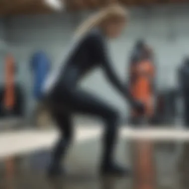 A woman trying on wetsuit boots for the perfect fit