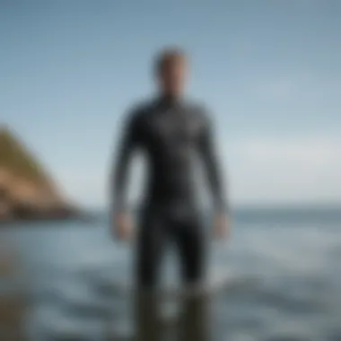 Person testing wetsuit fit in a water setting