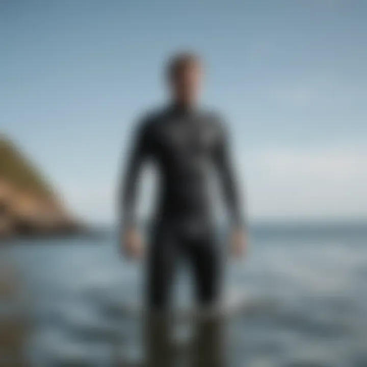 Person testing wetsuit fit in a water setting