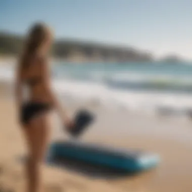 User reviewing the XL Boogie Board on a sunny beach.